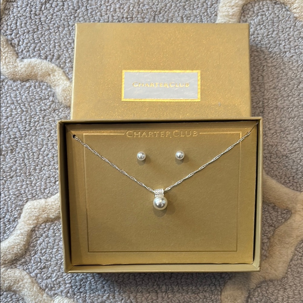 Charter Club Silver Pearl Earrings with Necklace with Pearl Pendant